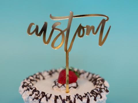 one line custom cake topper in gold mirror acrylic